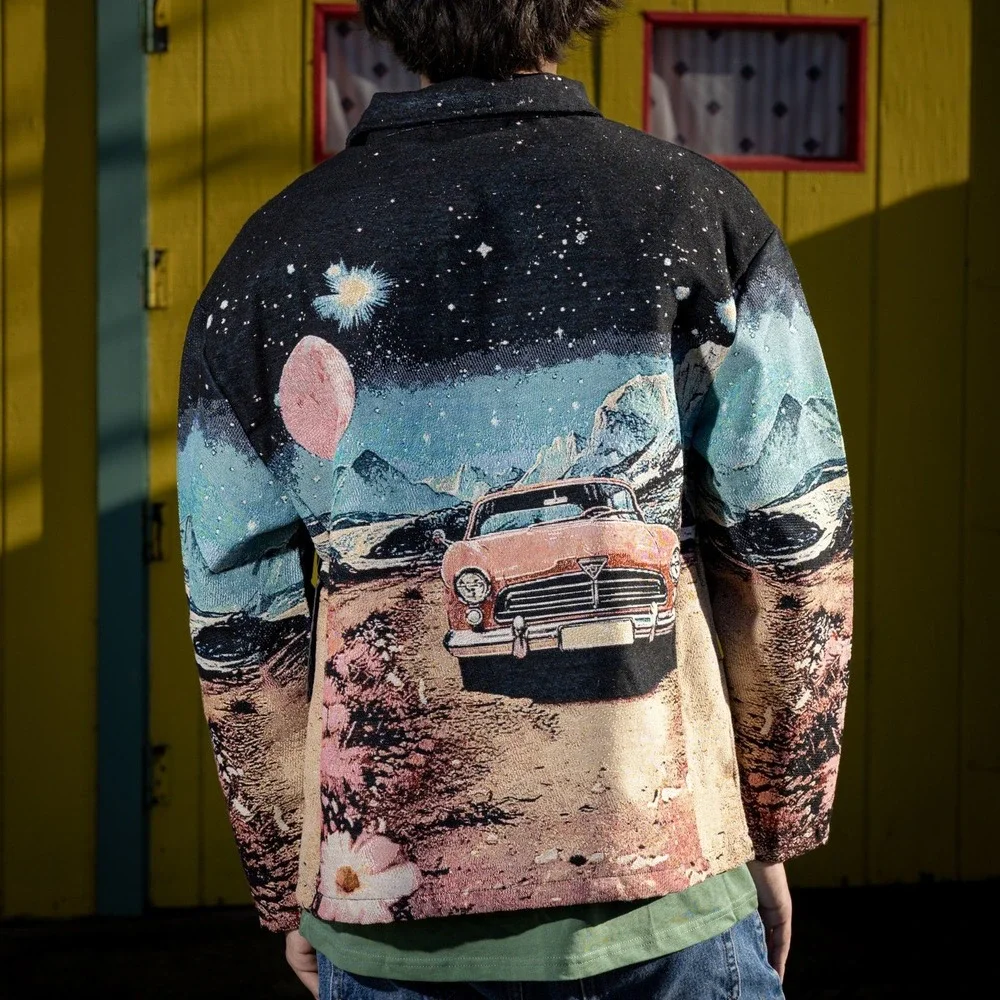 NWT Rebel Vengeance Mens Tapestry‎ Jacket Black Pink Vintage Car Moon Woven Sz M